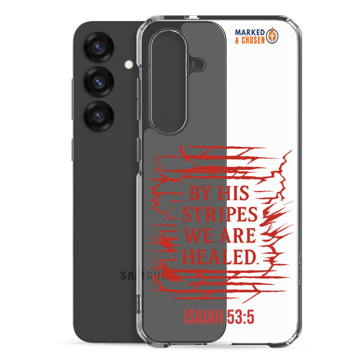 By His Stripes Clear Samsung Galaxy Case - Samsung Galaxy S25 Plus - With-Phone View