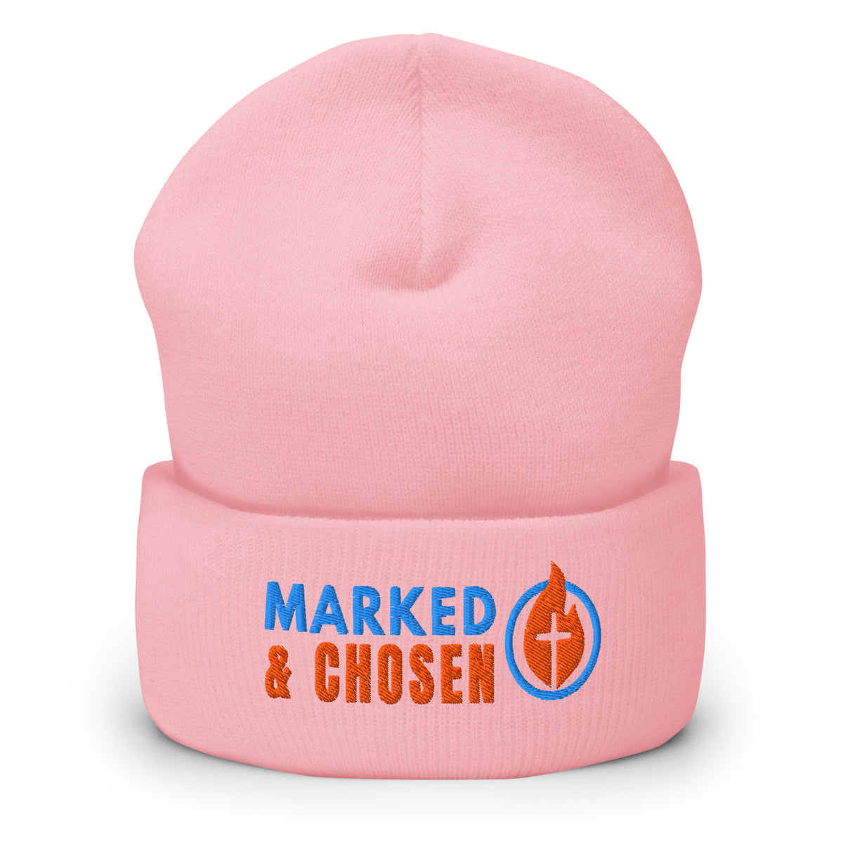 Unisex Yupoong 1501KC classic cuffed beanie, hypoallergenic 100% turbo-spun acrylic knit, 12-inch length, Baby Pink.
