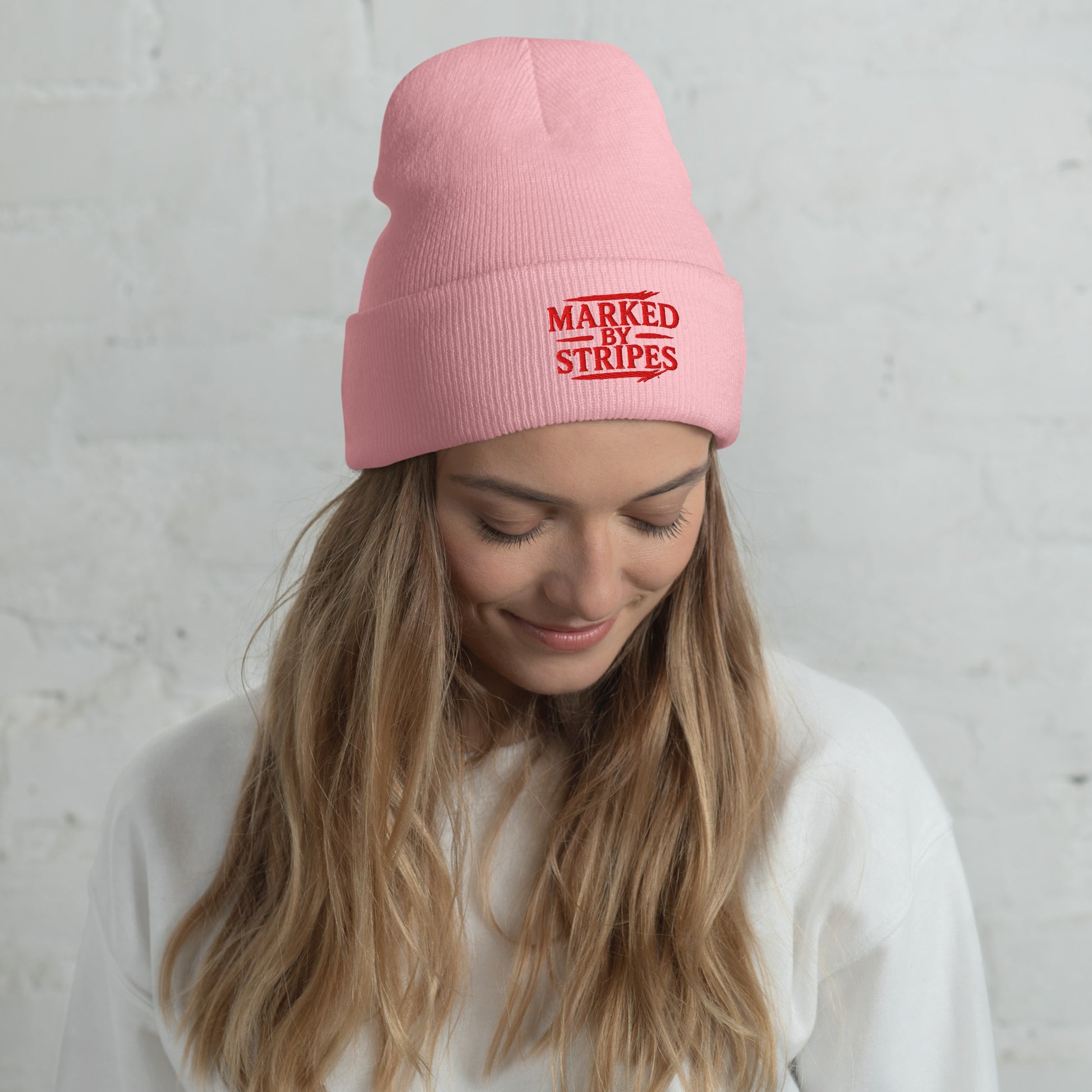 Marked by Stripes Cuffed Beanie - Baby Pink - Front View