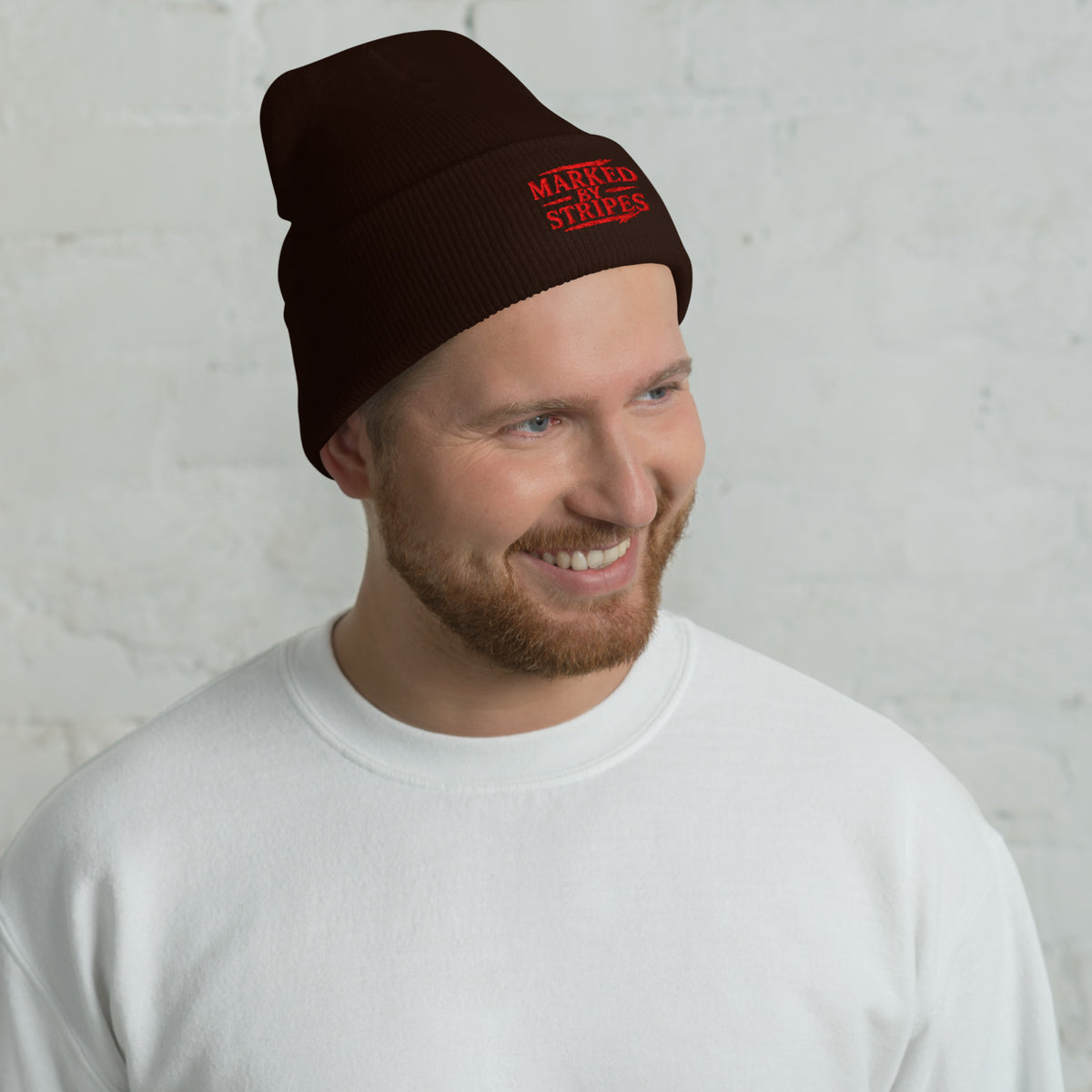 Marked by Stripes Cuffed Beanie - Brown - Front View 2