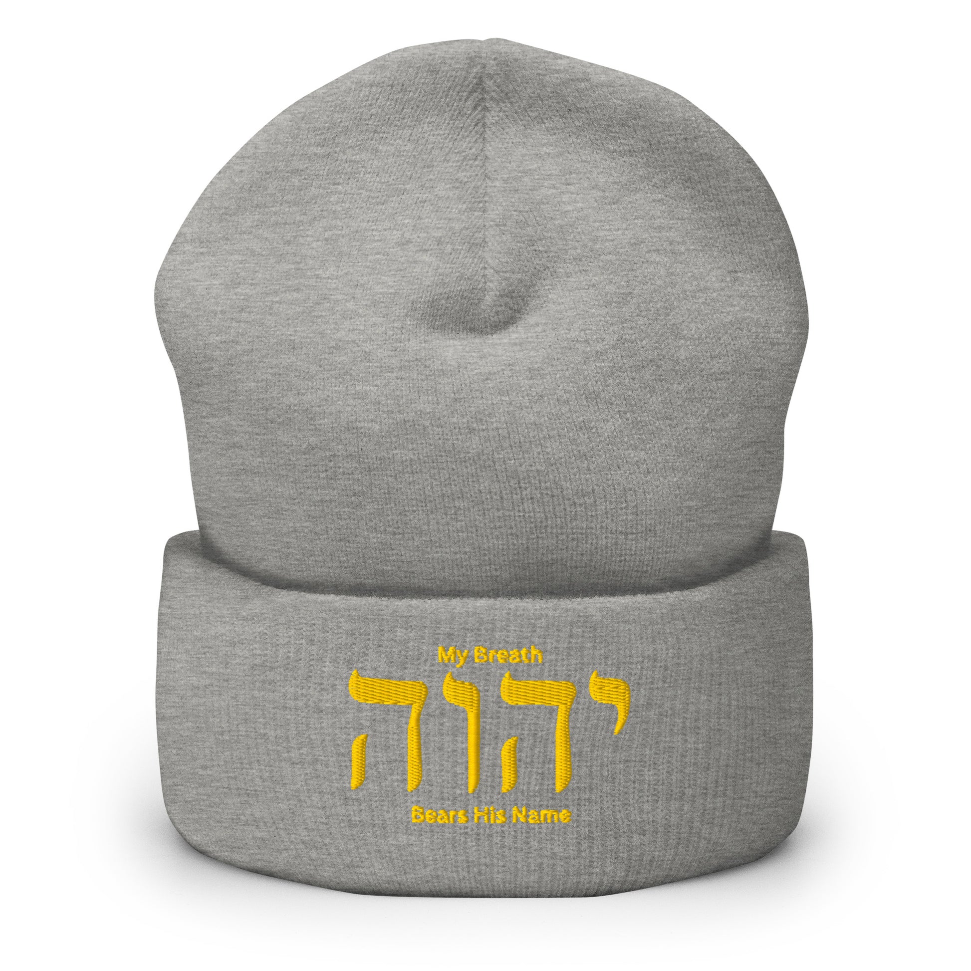 My Breath Bears His Name Cuffed Beanie - Heather Grey - Front View