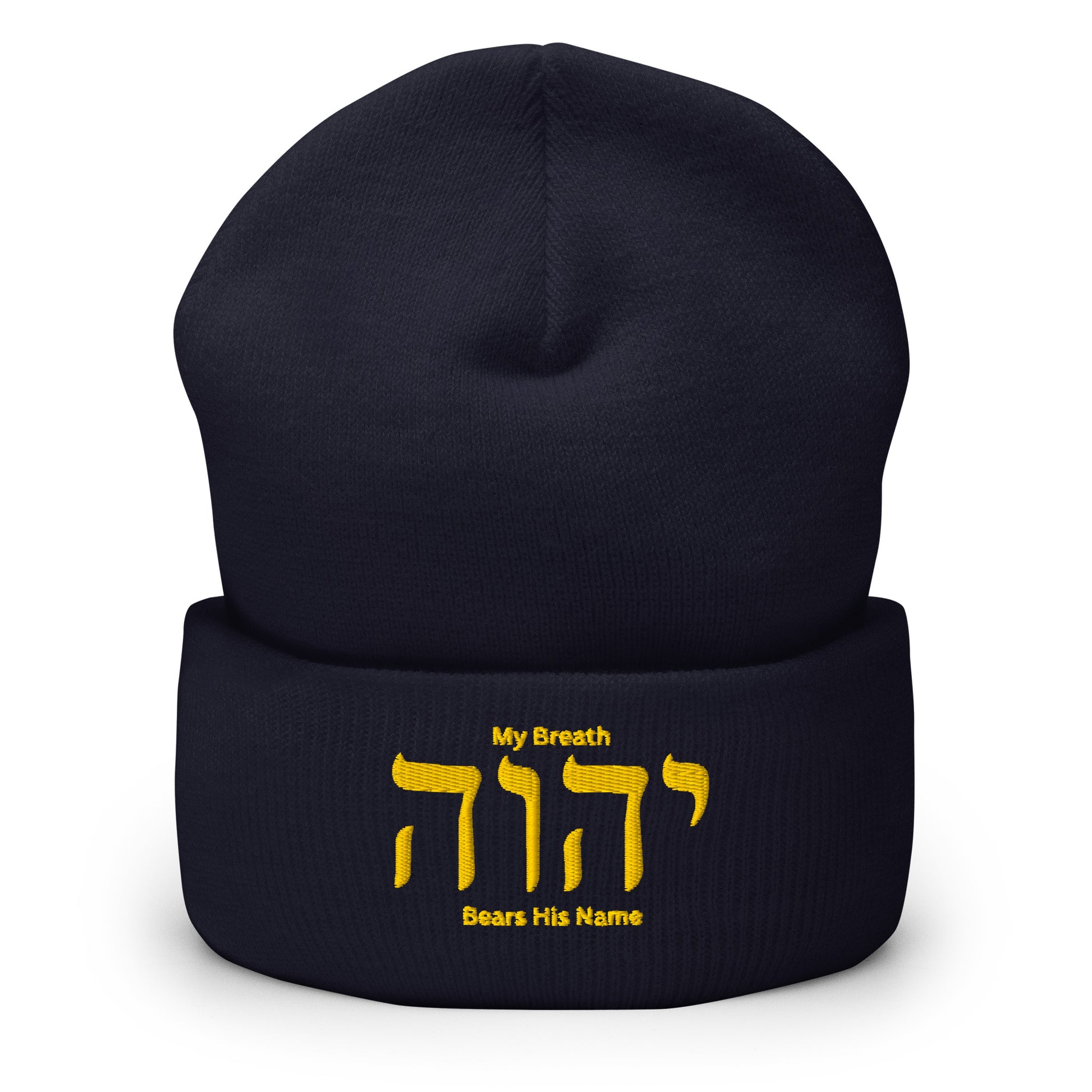 My Breath Bears His Name Cuffed Beanie - Navy - Front View