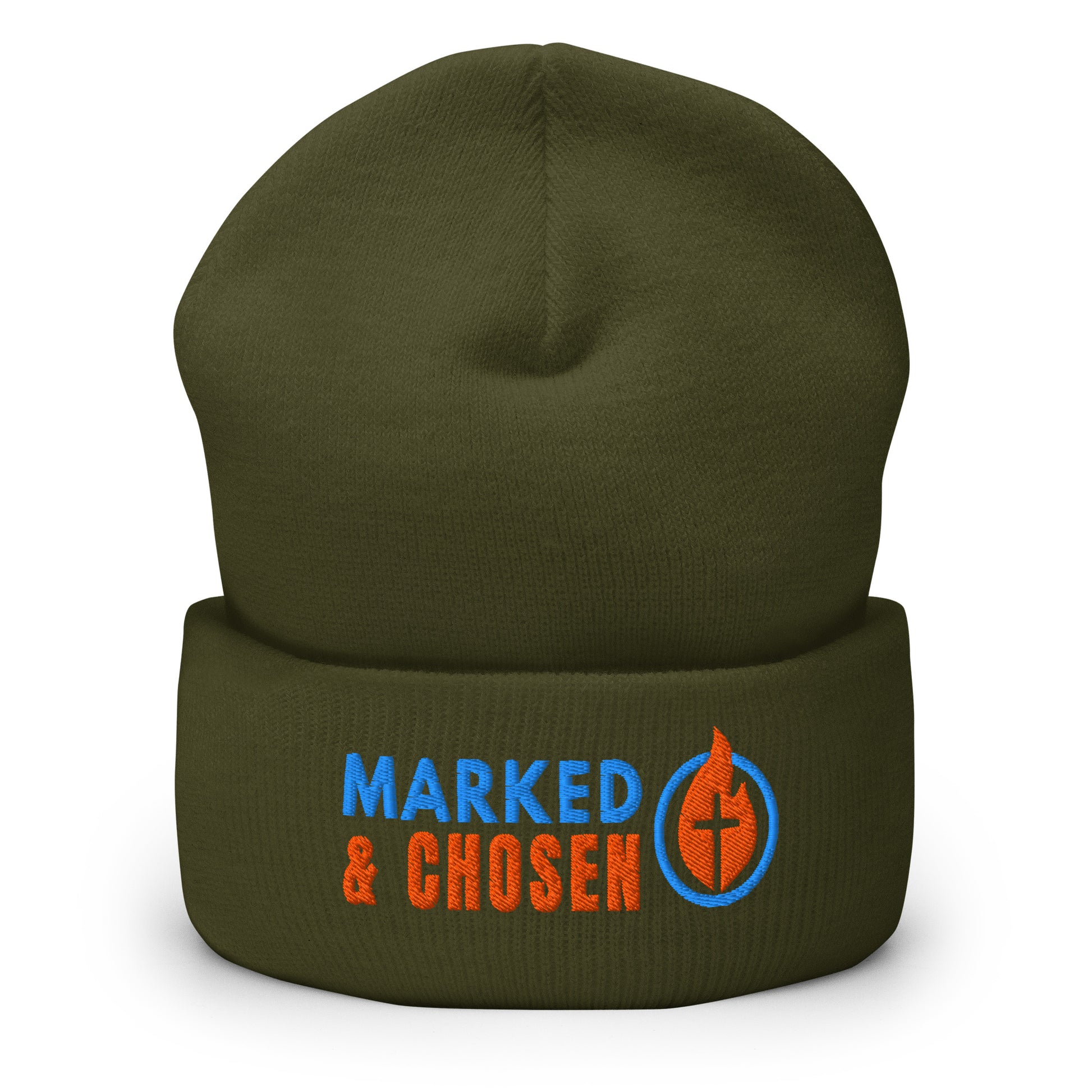 Unisex Yupoong 1501KC classic cuffed beanie, hypoallergenic 100% turbo-spun acrylic knit, 12-inch length, Olive.