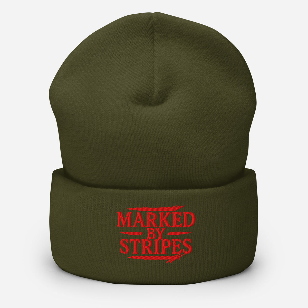 Marked by Stripes Cuffed Beanie - Olive - Front View