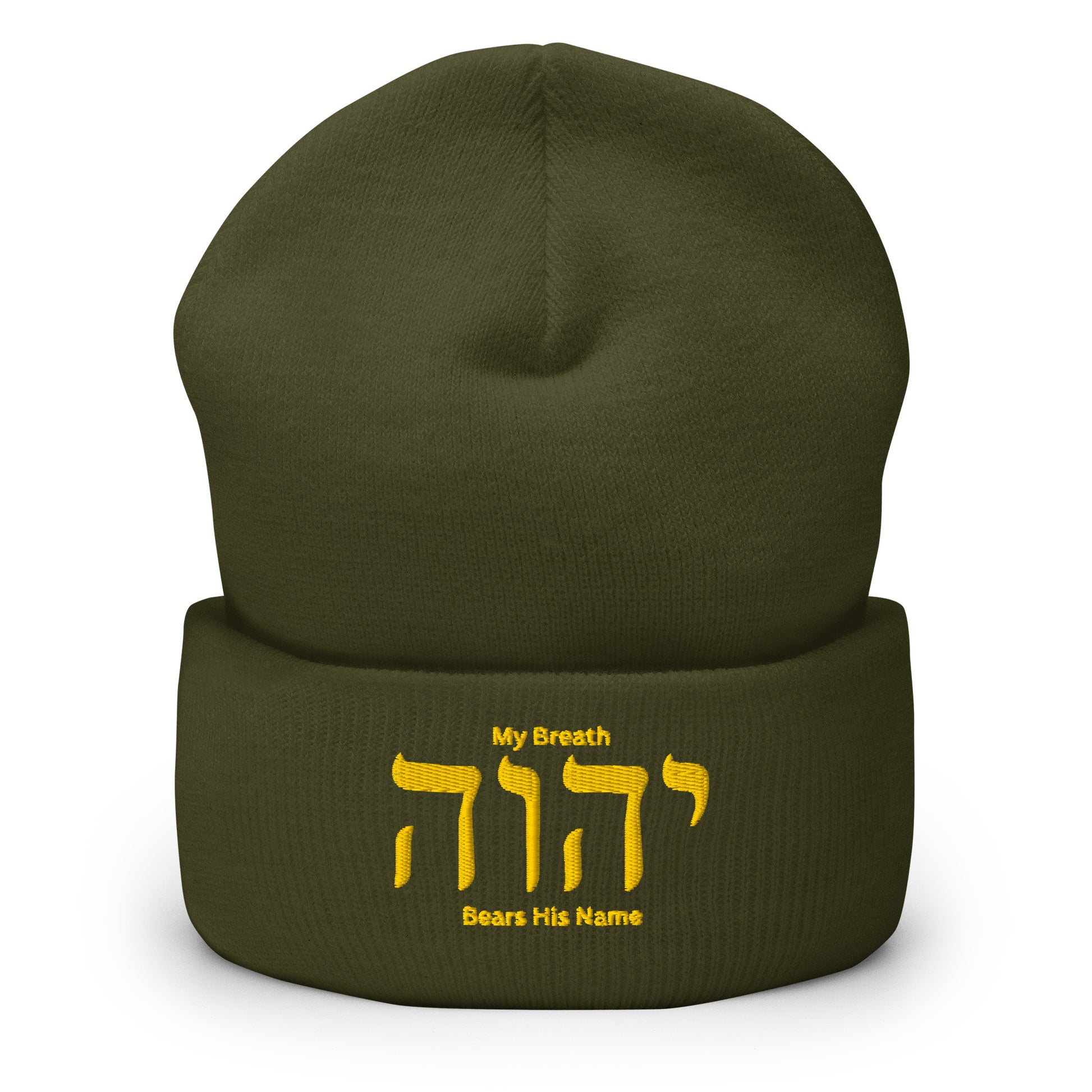 My Breath Bears His Name Cuffed Beanie - Olive - Front View