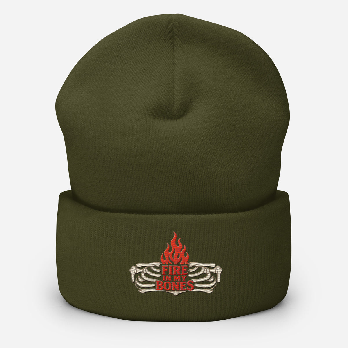 Fire in My Bones Cuffed Beanie - Olive - Front View