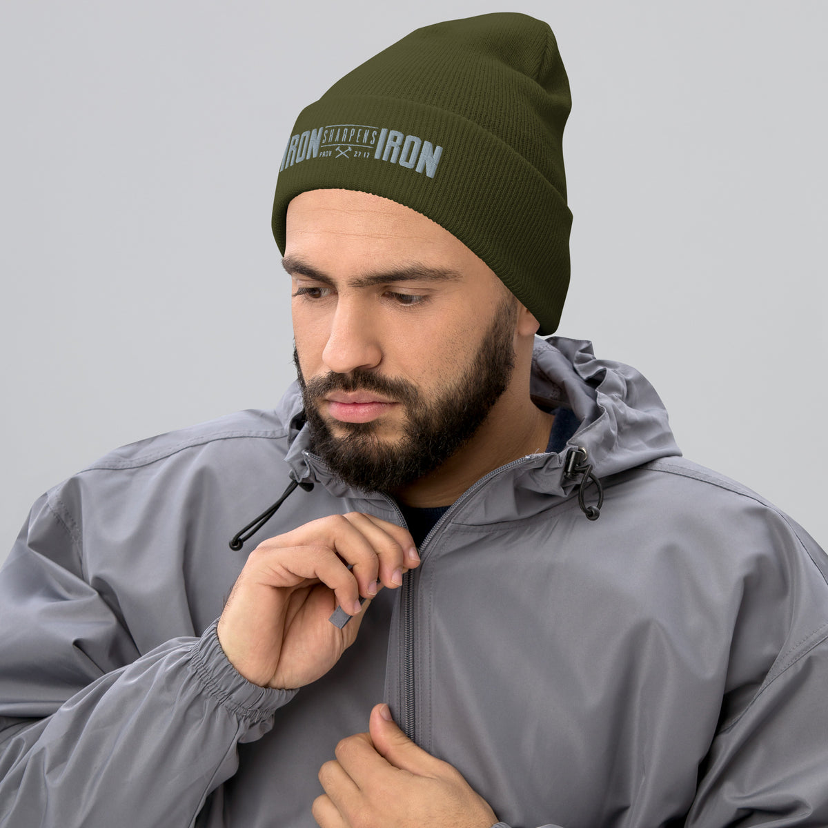 Men's Iron Sharpens Iron Beanie - Olive - Front View