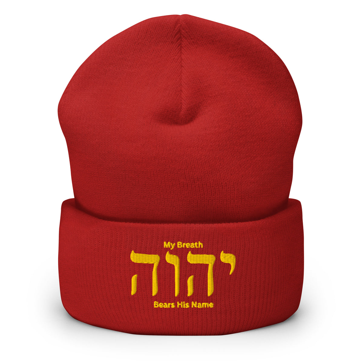 My Breath Bears His Name Cuffed Beanie - Red - Front View