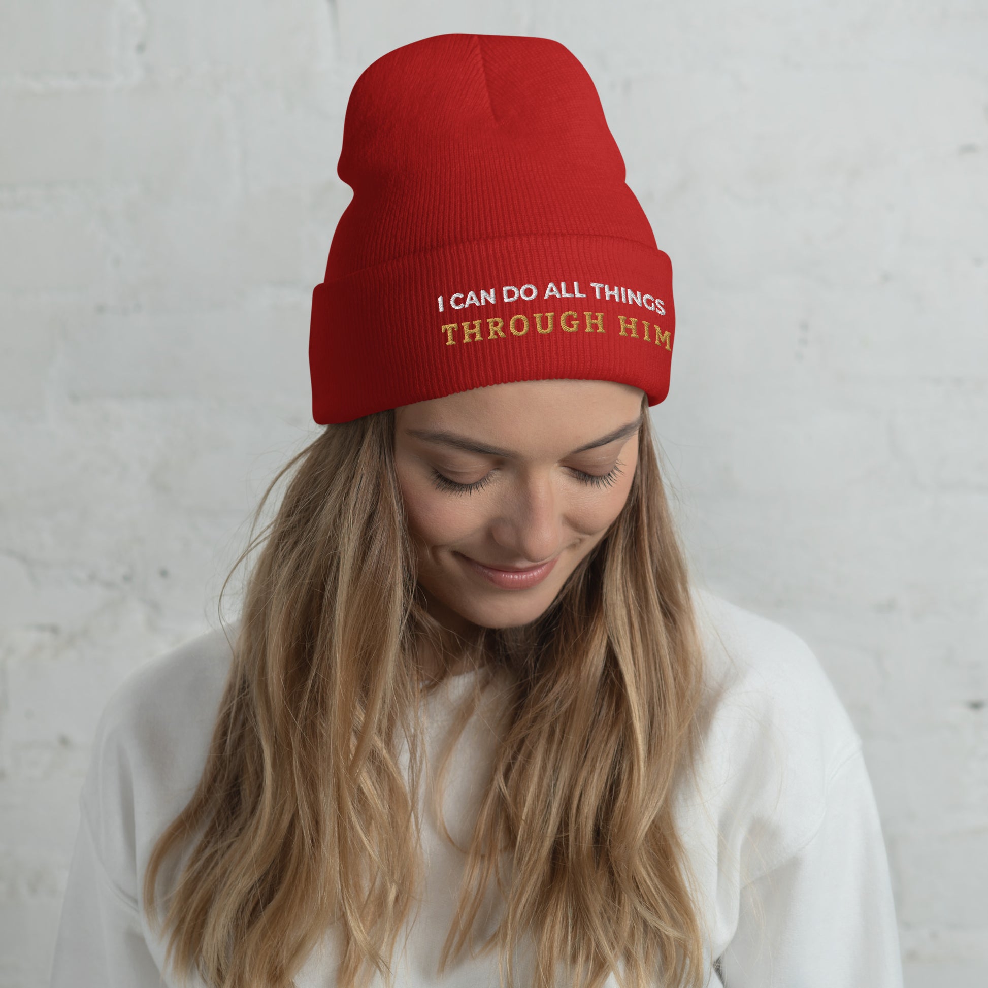 Through Him Cuffed Beanie - Red - Front View