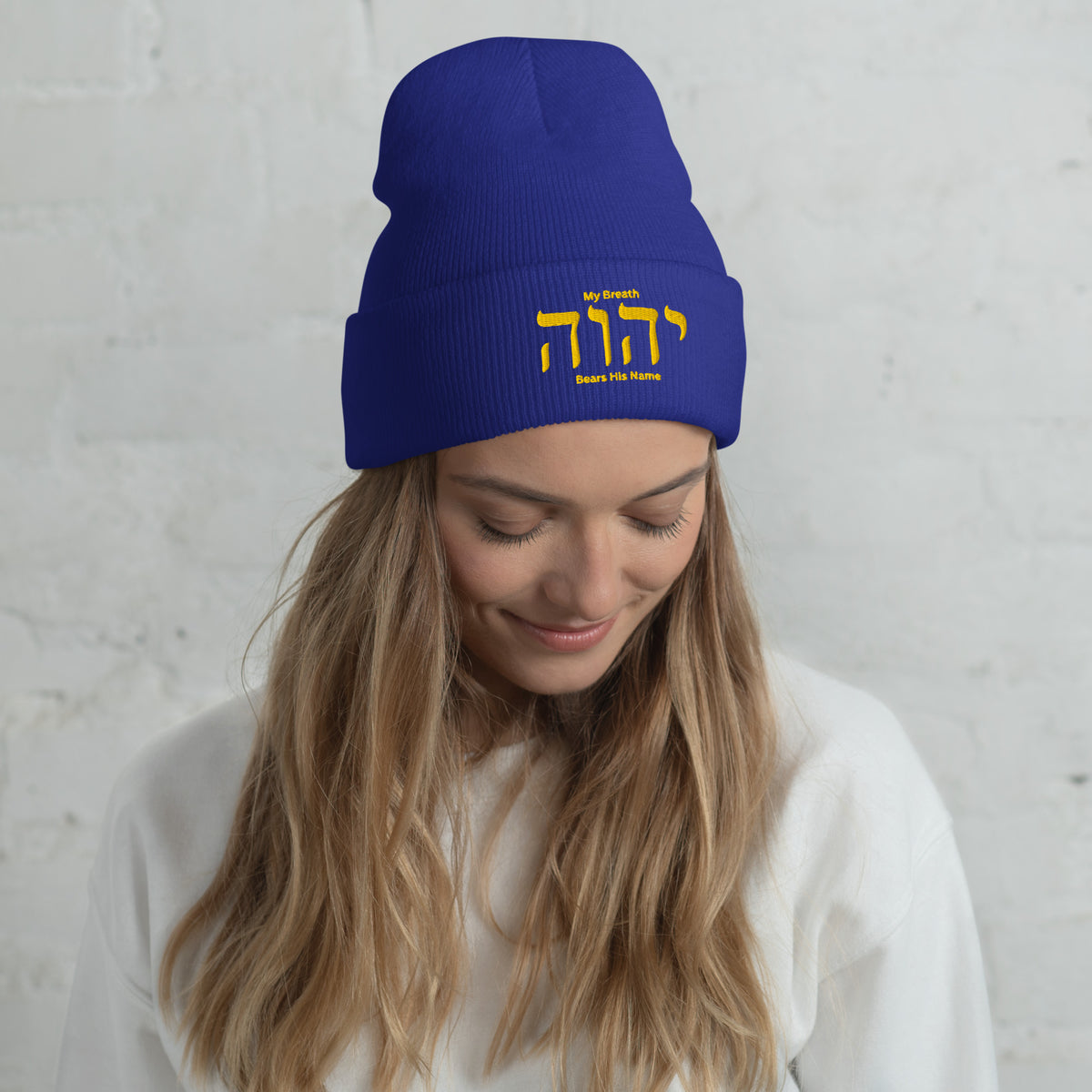 My Breath Bears His Name Cuffed Beanie - Royal - Front View