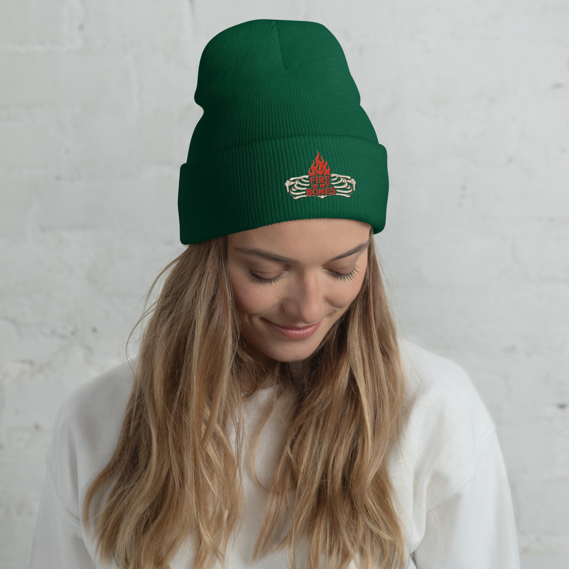 Fire in My Bones Cuffed Beanie - Spruce - Front View