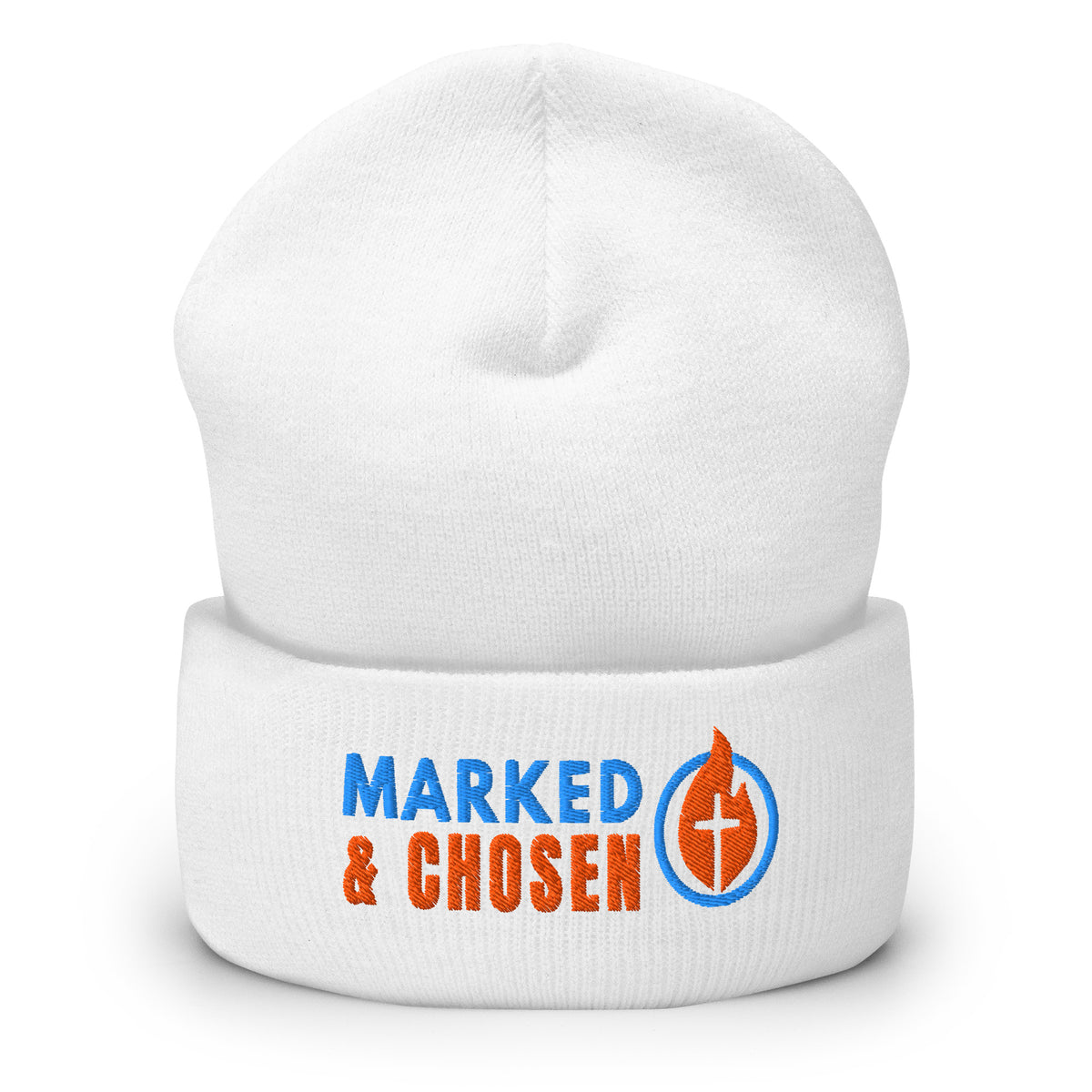 Unisex Yupoong 1501KC classic cuffed beanie, hypoallergenic 100% turbo-spun acrylic knit, 12-inch length, White.
