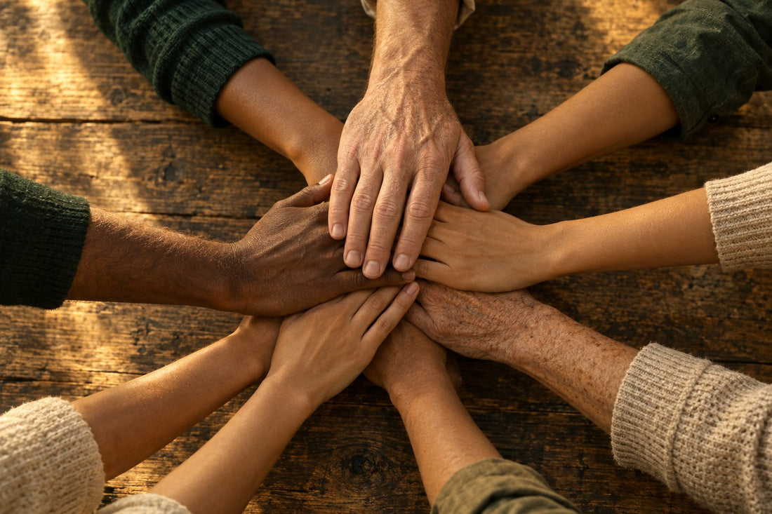 Many hands of different ages stacked together over a worn wooden table