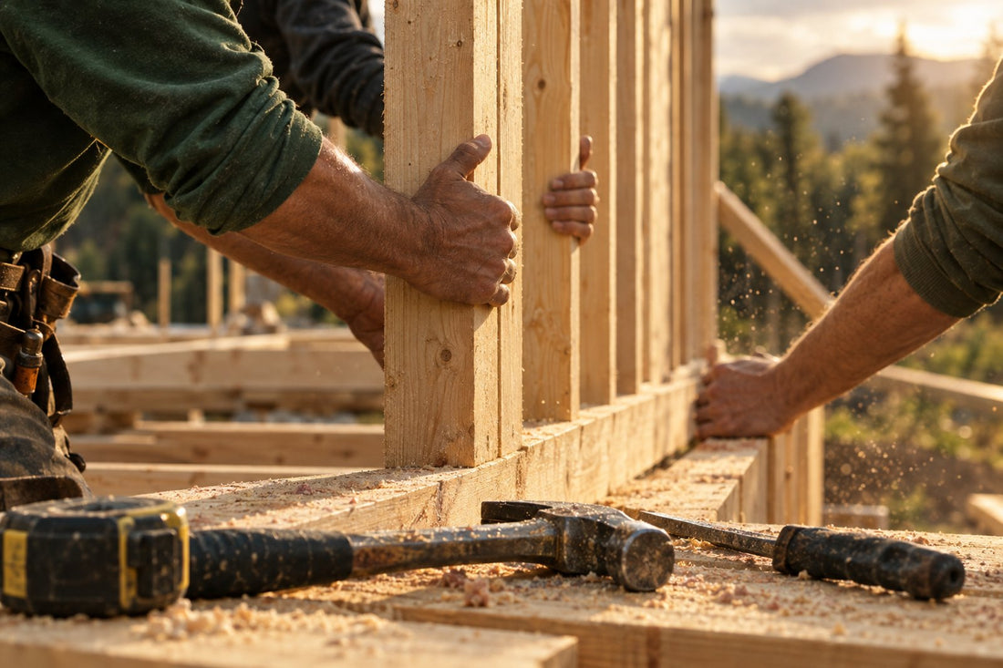 Hands raising a timber wall frame together on a rebuild site