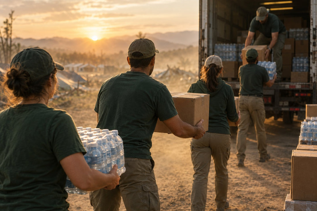 Volunteers unloading water and relief boxes from a truck at sunrise