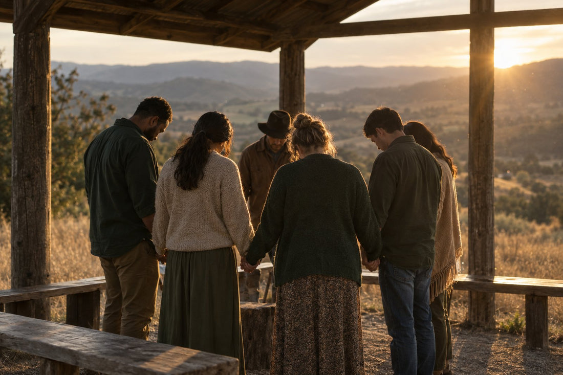 A small group joining hands in prayer under an open shelter at golden hour