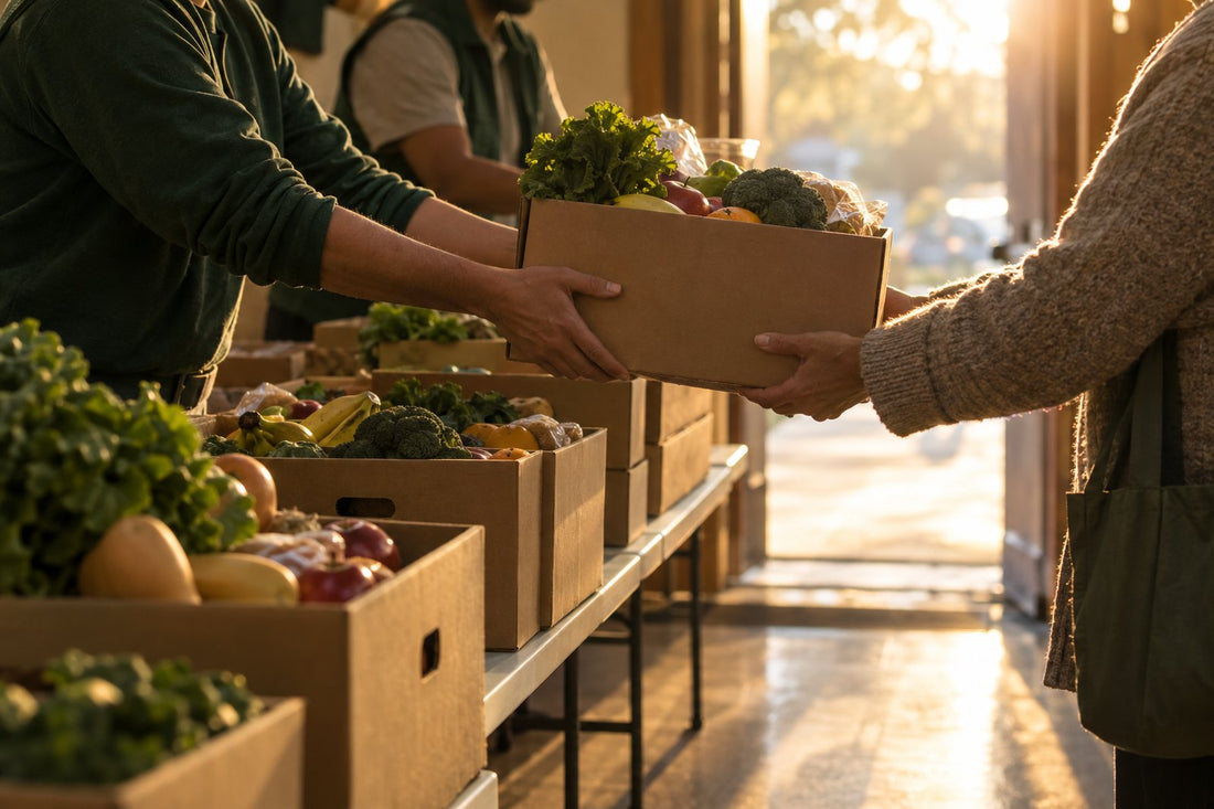 Volunteers handing a box of fresh groceries to a neighbor at a community distribution