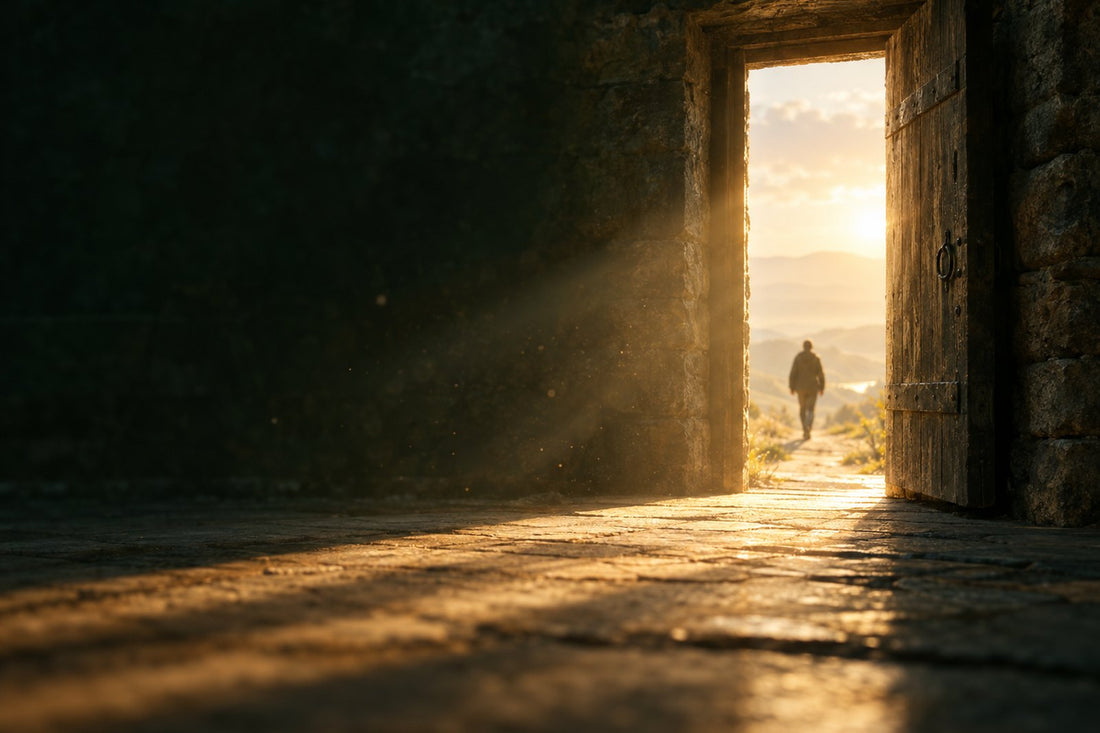 An open wooden door with golden light flooding in as a figure walks free