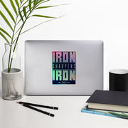 A rectangular vinyl holographic sticker with the text 'IRON SHARPENS IRON' in white on a navy blue background, applied to a Silver Computer.