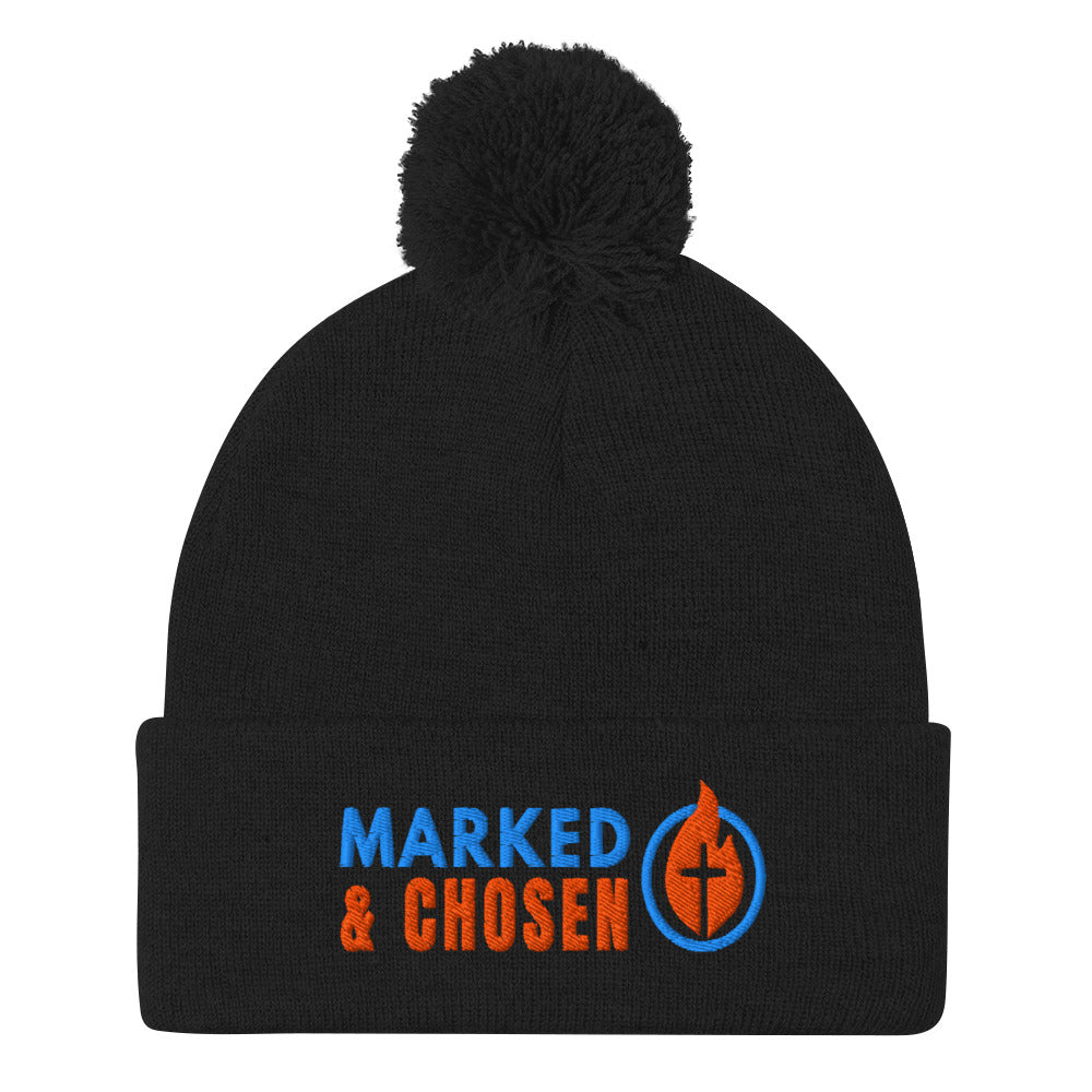 Black Sportsman SP15 pom pom cuffed knit cap with Marked & Chosen Logo Embroidered on a white background.