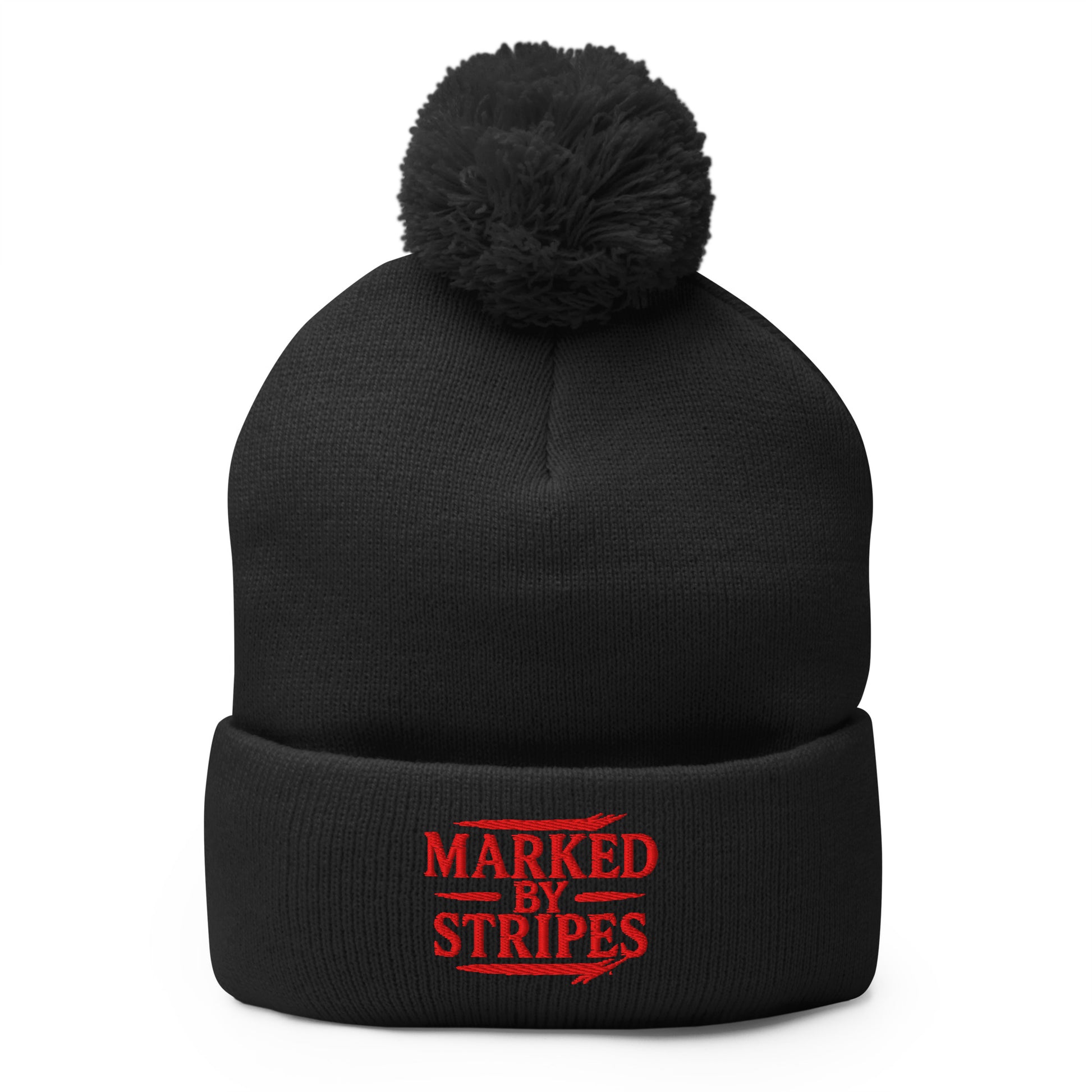 Marked by Stripes Pom-Pom Beanie - Black - Front View