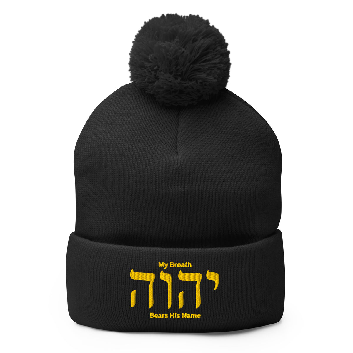 My Breath Bears His Name Pom-Pom Beanie - Black - Front View