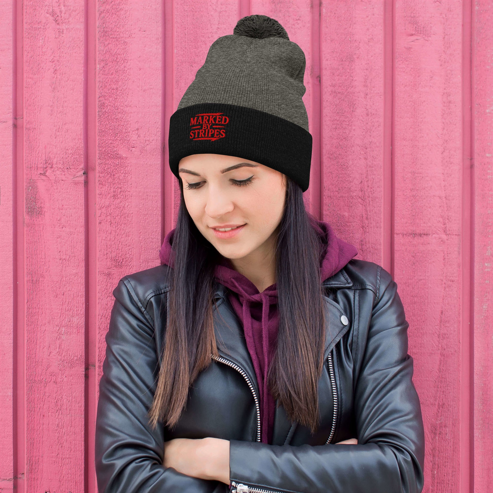 Marked by Stripes Pom-Pom Beanie - Dark Heather Grey/ Black - Front View