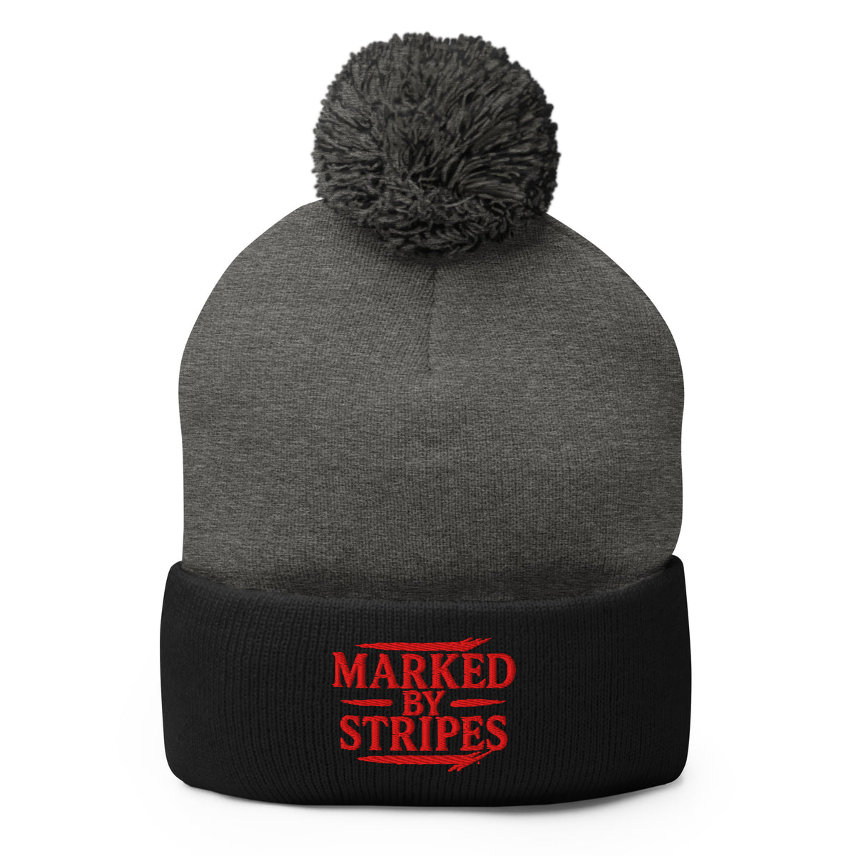 Marked by Stripes Pom-Pom Beanie - Dark Heather Grey/ Black - Front View 2
