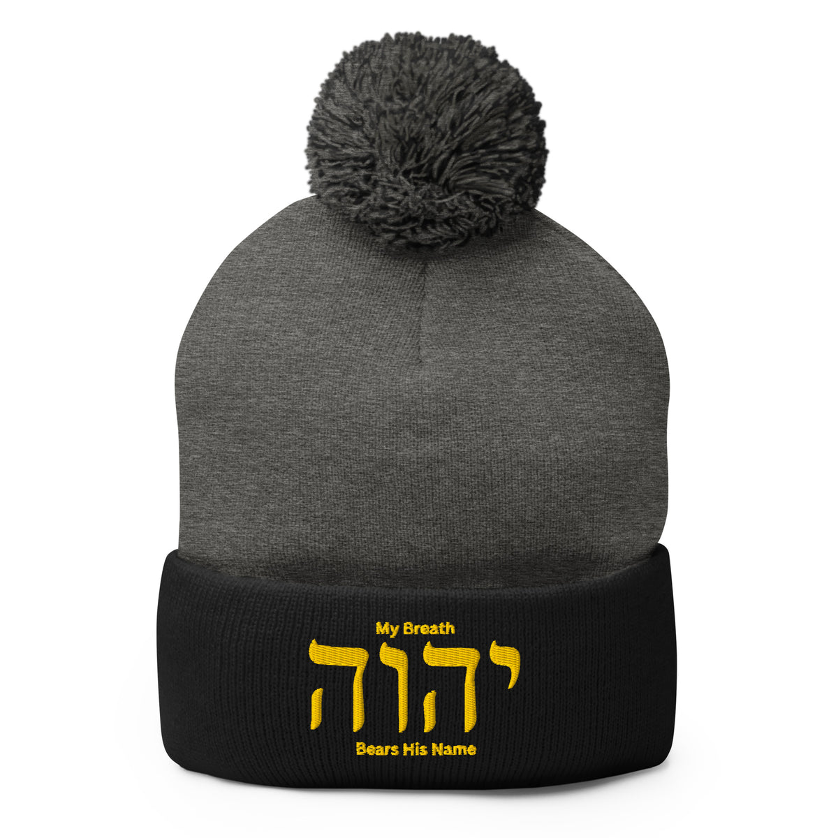 My Breath Bears His Name Pom-Pom Beanie - Dark Heather Grey/ Black - Front View