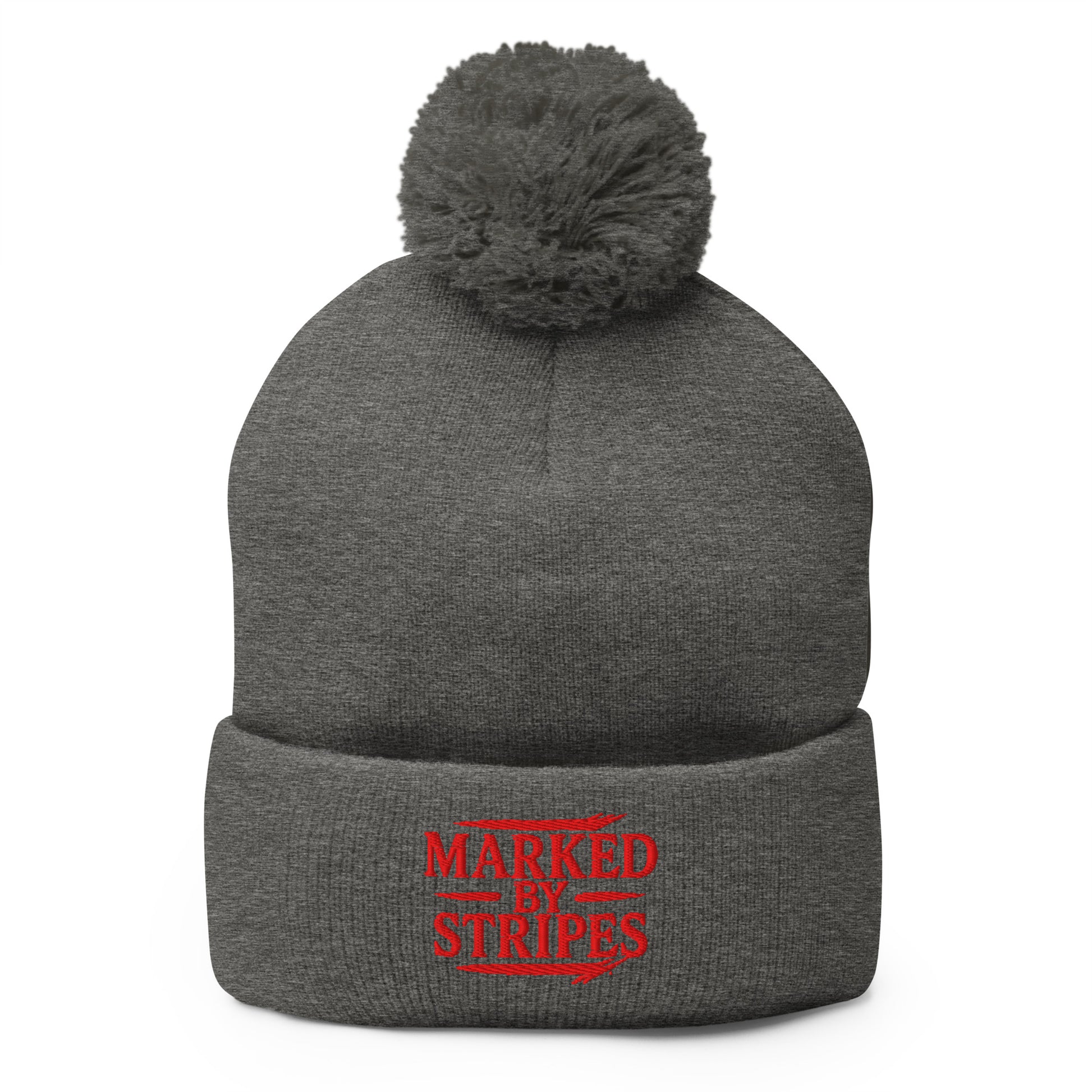 Marked by Stripes Pom-Pom Beanie - Dark Heather Grey - Front View