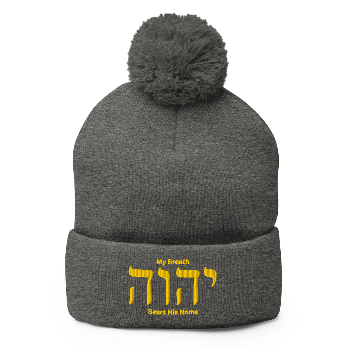 My Breath Bears His Name Pom-Pom Beanie - Dark Heather Grey - Front View