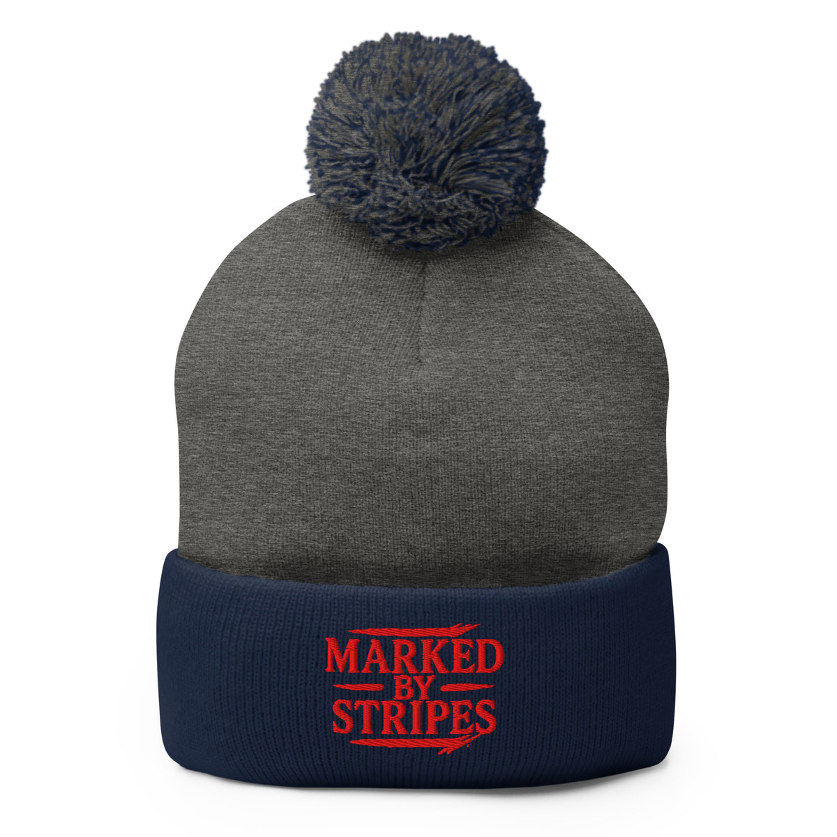 Marked by Stripes Pom-Pom Beanie - Dark Heather Grey/ Navy - Front View