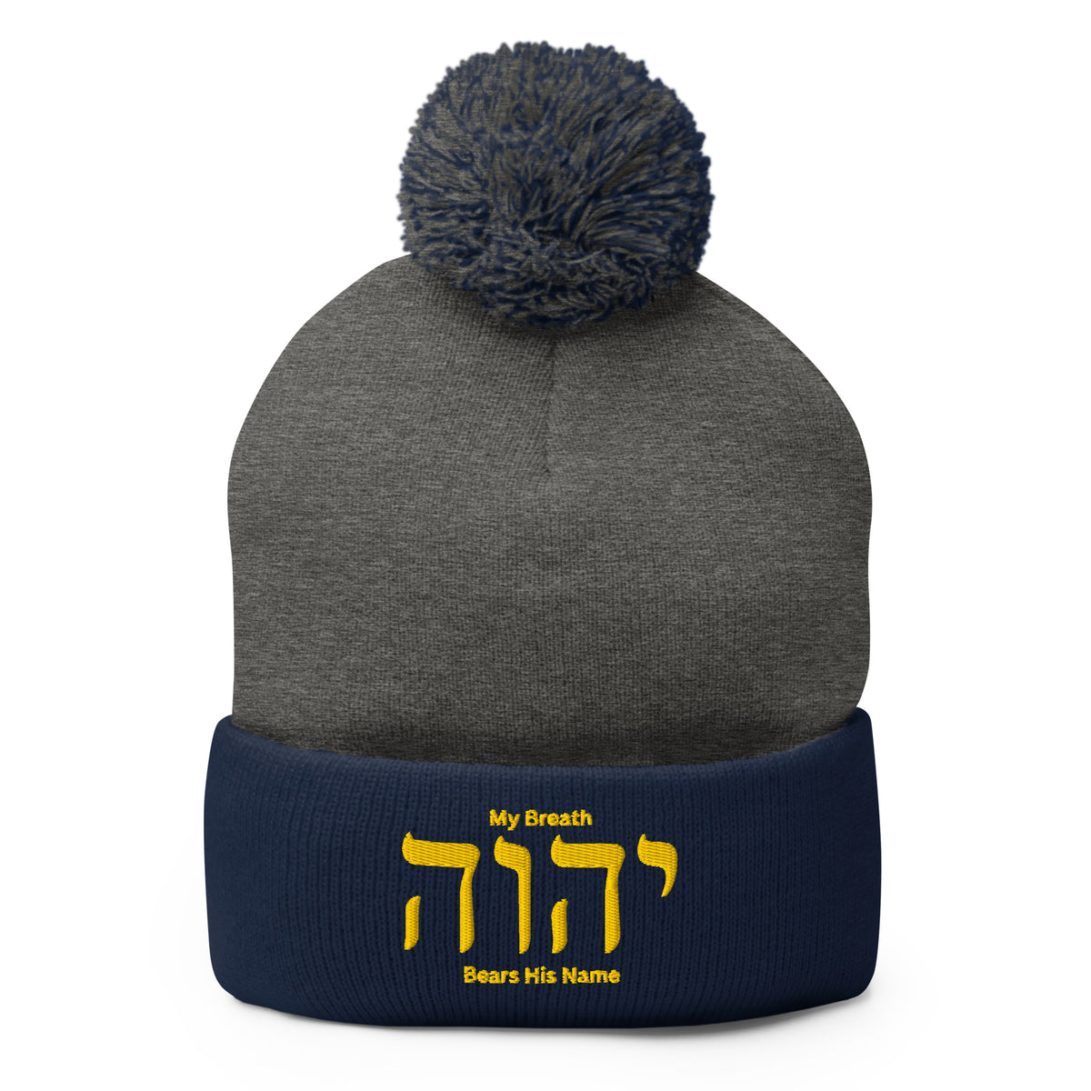 My Breath Bears His Name Pom-Pom Beanie - Dark Heather Grey/ Navy - Front View
