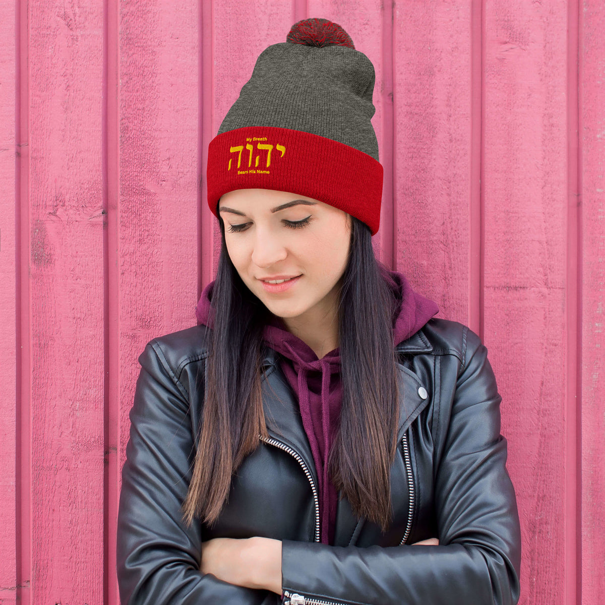 My Breath Bears His Name Pom-Pom Beanie - Dark Heather Grey/ Red - Front View