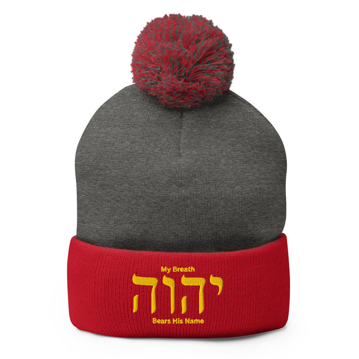 My Breath Bears His Name Pom-Pom Beanie - Dark Heather Grey/ Red - Front View 2