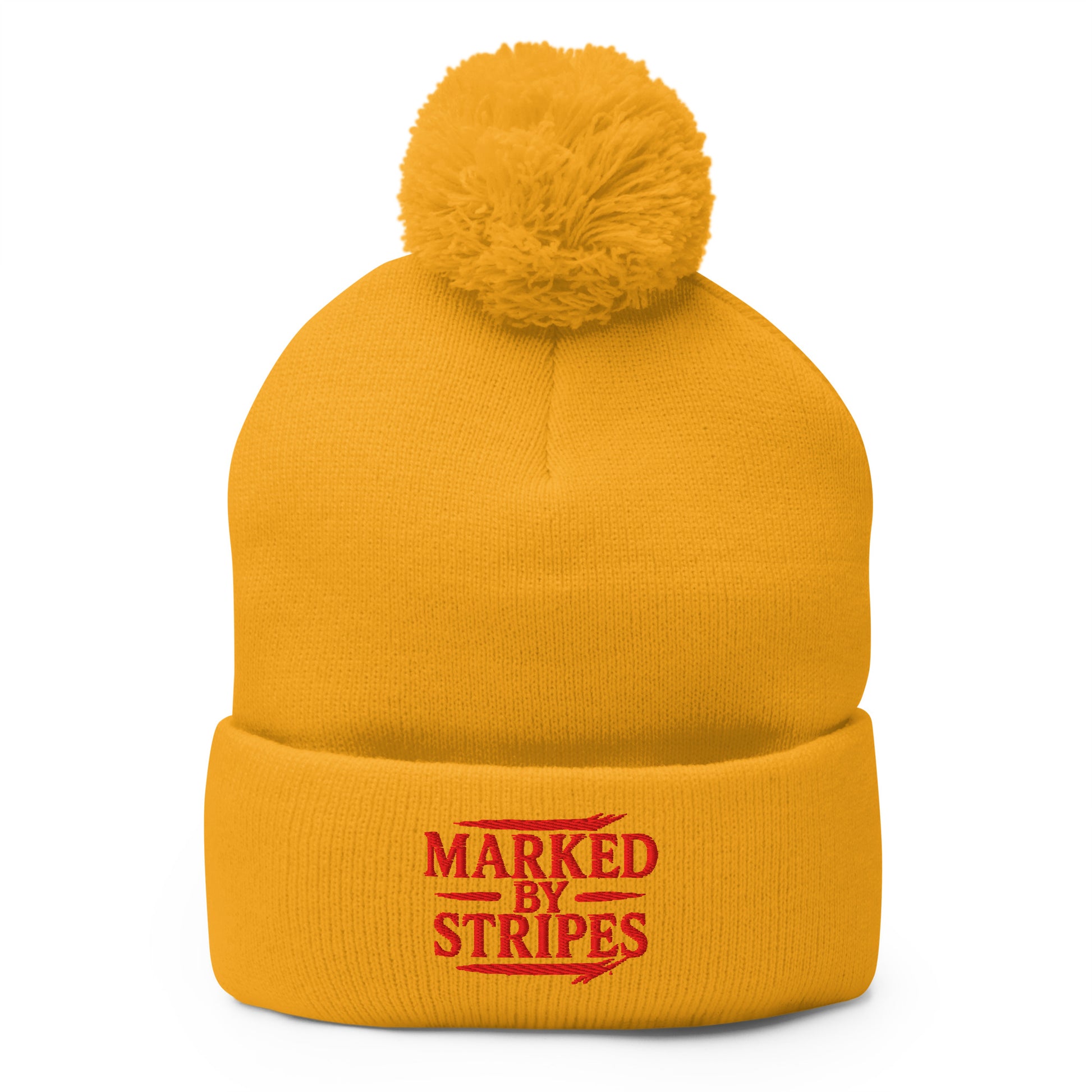 Marked by Stripes Pom-Pom Beanie - Gold - Front View