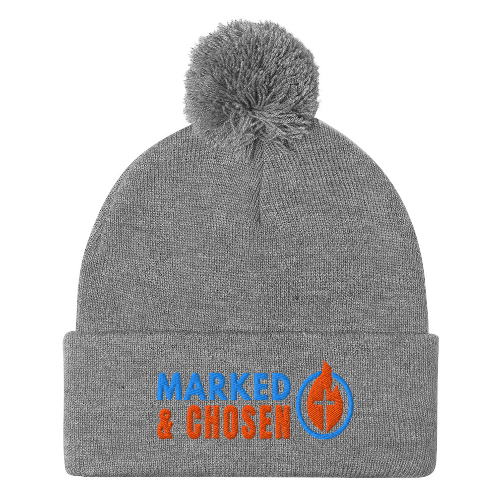 Heather Grey Sportsman SP15 pom pom cuffed knit cap with Marked & Chosen Logo Embroidered on a white background.