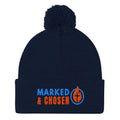 Navy Blue Sportsman SP15 pom pom cuffed knit cap with Marked & Chosen Logo Embroidered on a white background.
