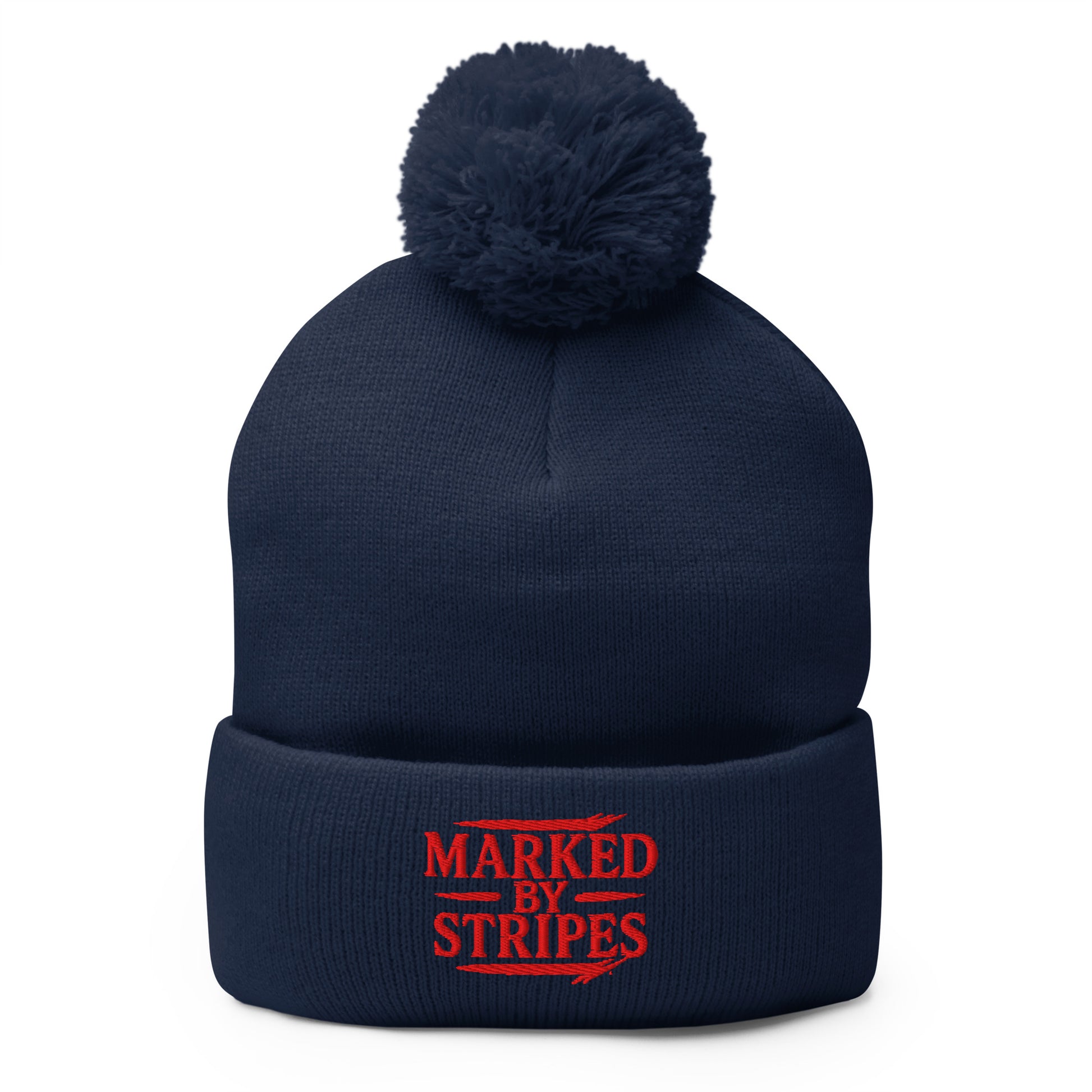 Marked by Stripes Pom-Pom Beanie - Navy - Front View