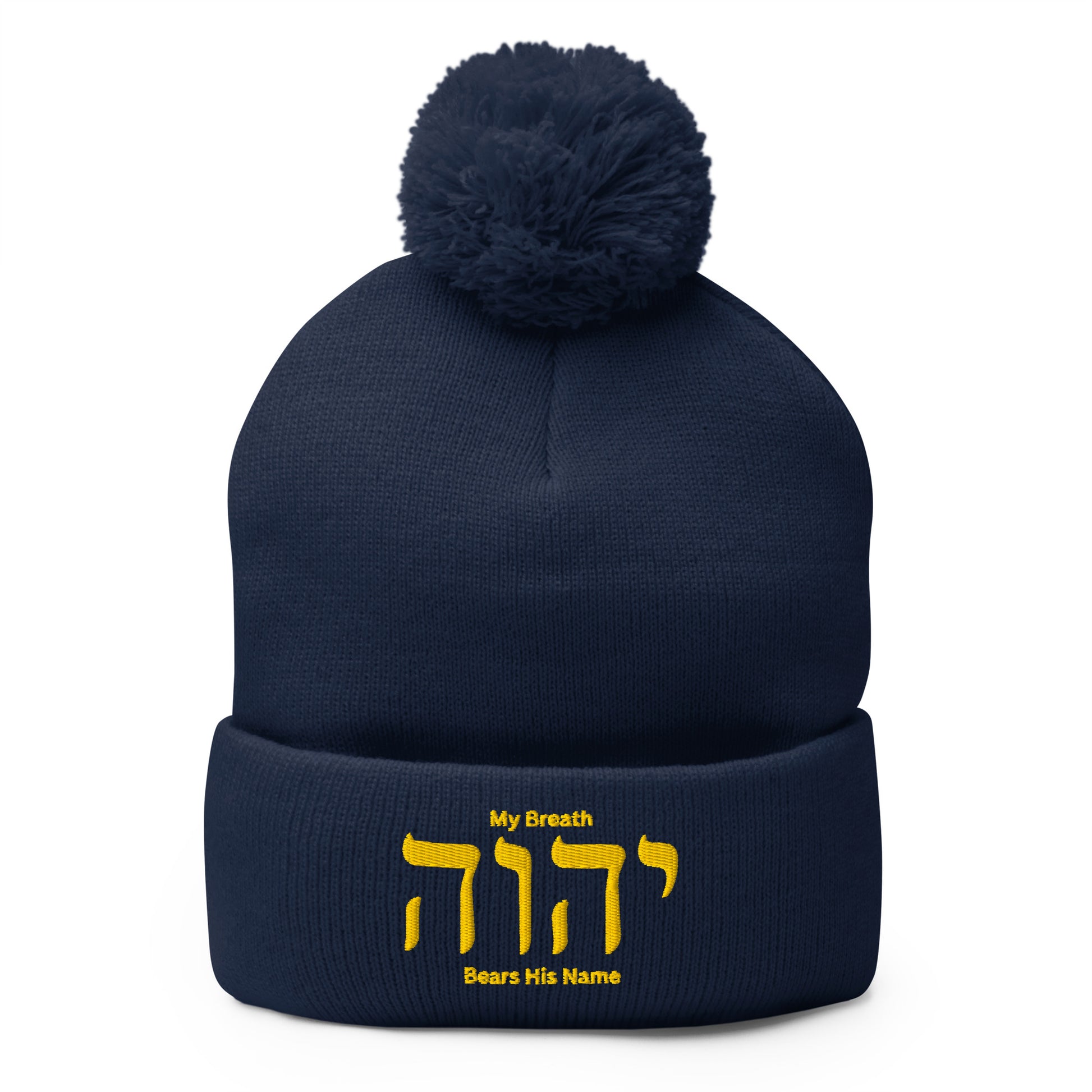 My Breath Bears His Name Pom-Pom Beanie - Navy - Front View