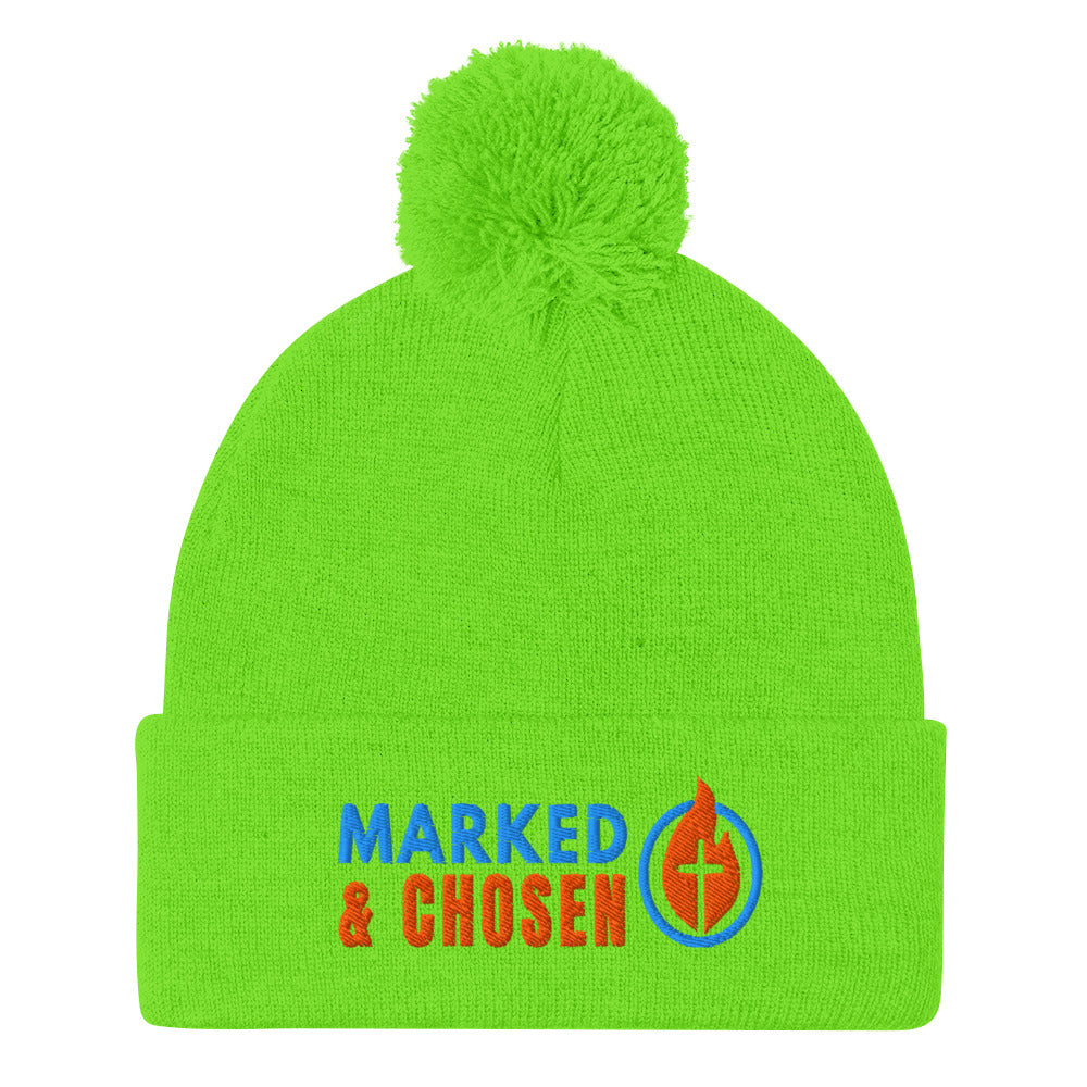 Neon Green Sportsman SP15 pom pom cuffed knit cap with Marked & Chosen Logo Embroidered on a white background.