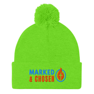 Neon Green Sportsman SP15 pom pom cuffed knit cap with Marked & Chosen Logo Embroidered on a white background.