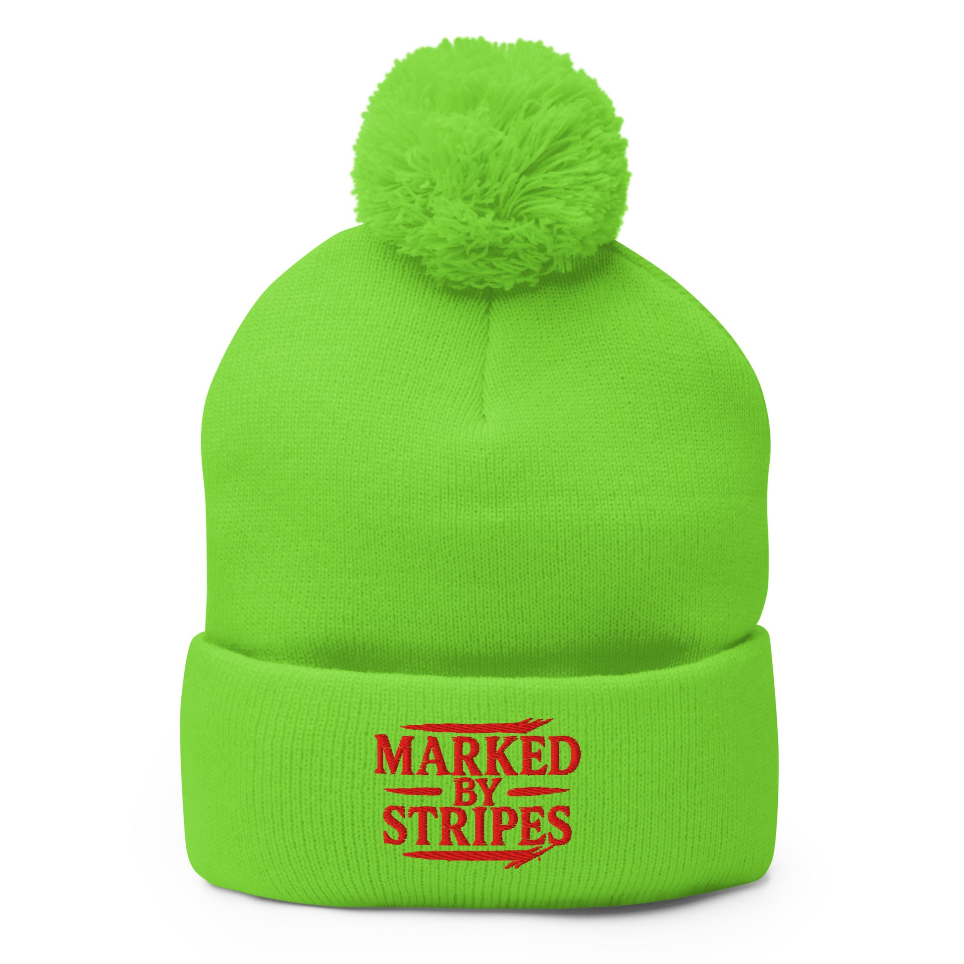 Marked by Stripes Pom-Pom Beanie - Neon Green - Front View