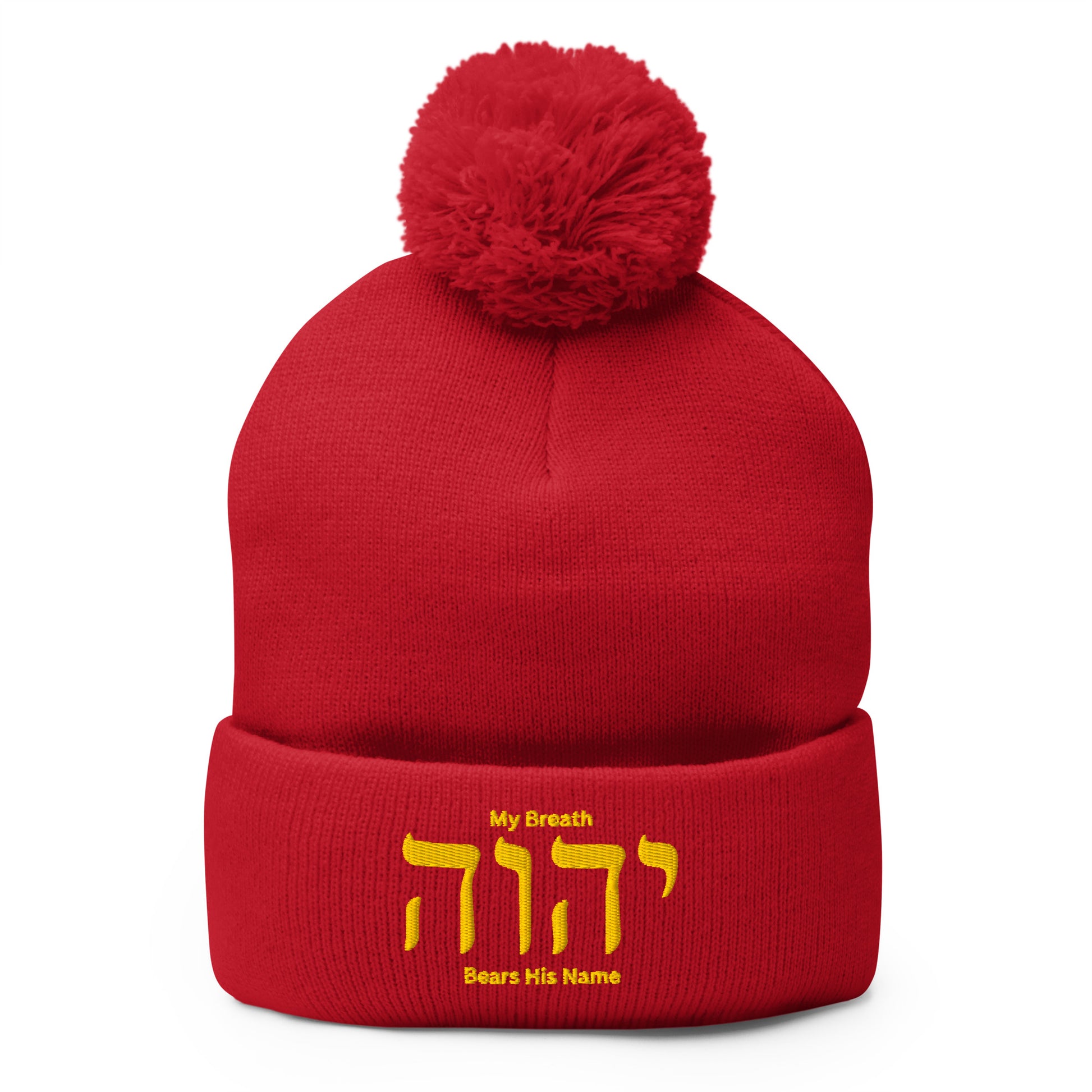 My Breath Bears His Name Pom-Pom Beanie - Red - Front View