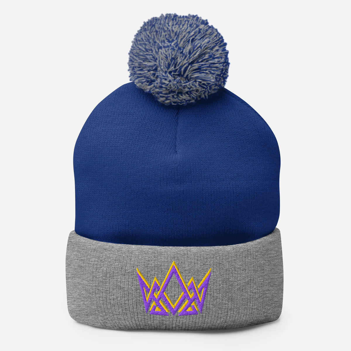 Royalty Pom Pom Beanie - Royal/ Heather Grey - Front View