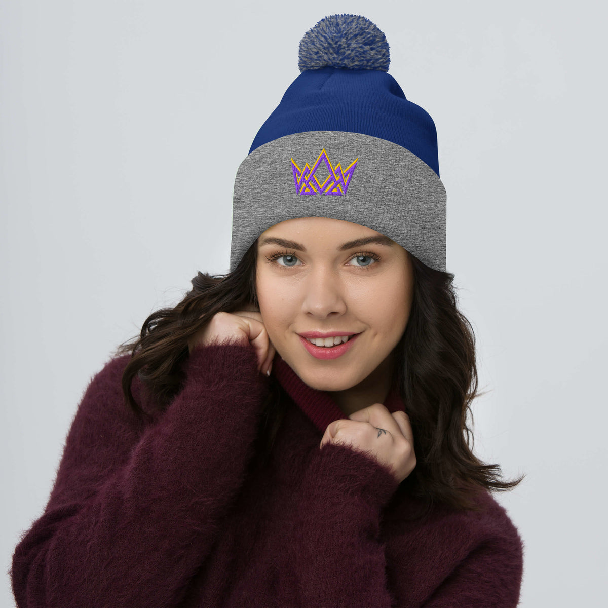 Royalty Pom Pom Beanie - Royal/ Heather Grey - Front View 2