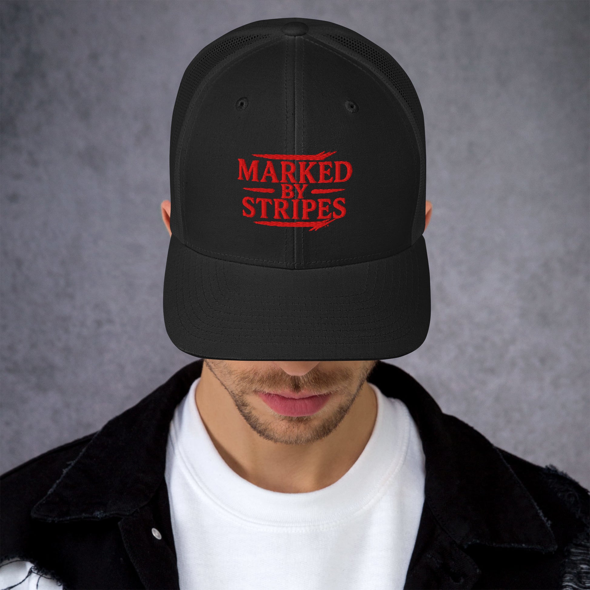 Marked by Stripes Trucker Cap - Black - Front View