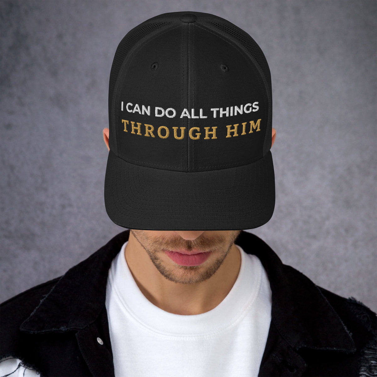 Through Him Trucker Cap - Black - Front View