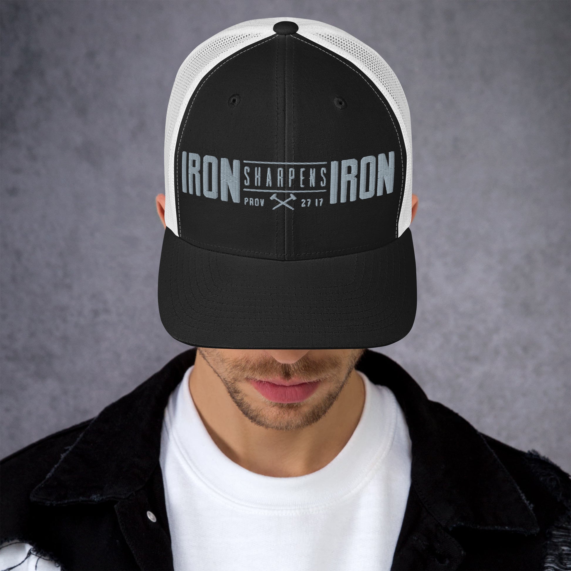 Men's Iron Sharpens Iron Trucker Cap - Black/ White - Front View