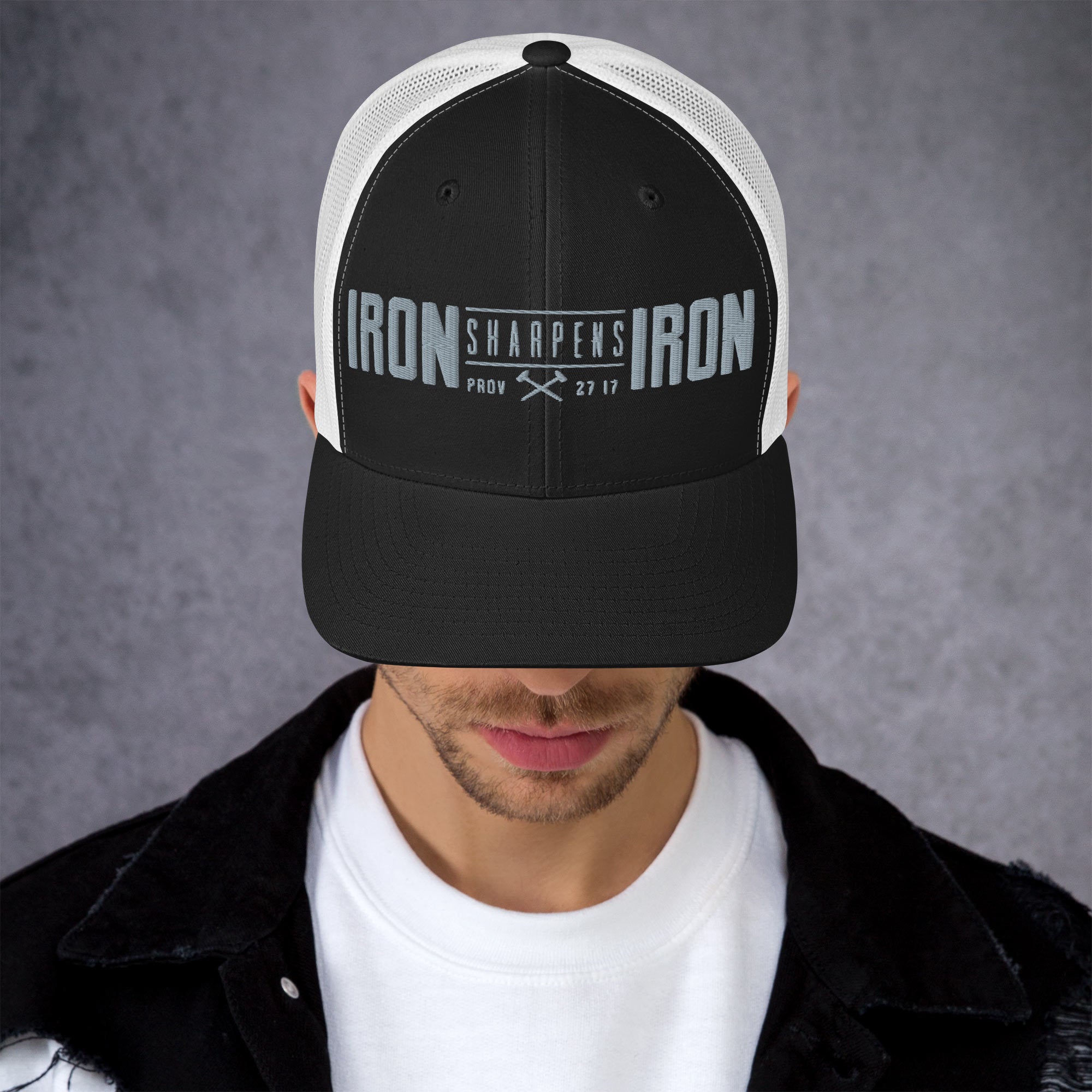 Men's Iron Sharpens Iron Trucker Cap - Black/ White - Front View